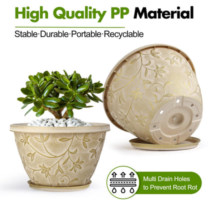 Nooulap 4 Pack 10 Inch Plant Pot with Drainage & Saucer, Plastic Flower Pots Outdoor Indoor, Beige Planters with Gold Flower Partten, for Patio, Garden Home Decor