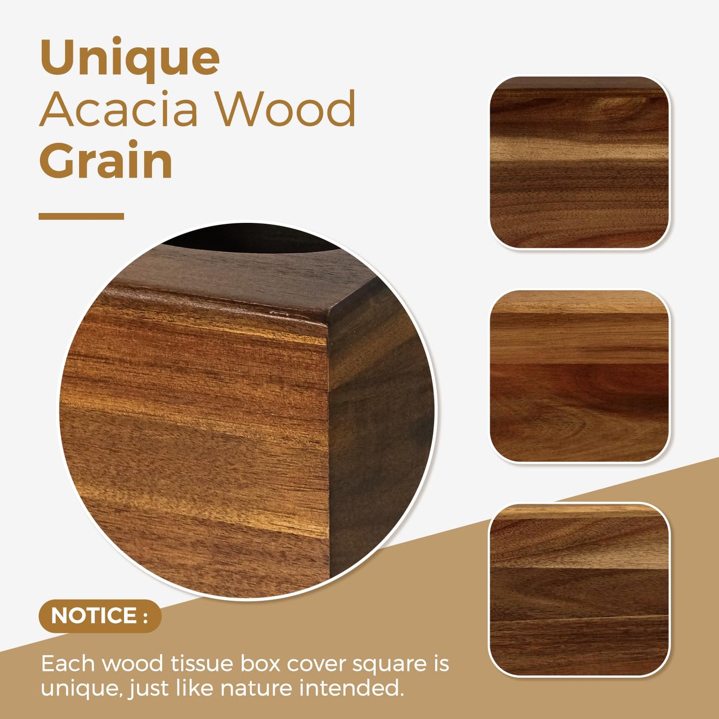 KALEKAIL Wood Tissue Box Cover， Acacia Wood Tissue Box Cover Square, Decorative Cube Facial Wooden Tissue Box Holder with Slide-Out Bottom for Bathroom, Bedroom, Dinner Table, Office, Kitchen