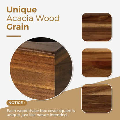 KALEKAIL Wood Tissue Box Cover， Acacia Wood Tissue Box Cover Square, Decorative Cube Facial Wooden Tissue Box Holder with Slide-Out Bottom for Bathroom, Bedroom, Dinner Table, Office, Kitchen