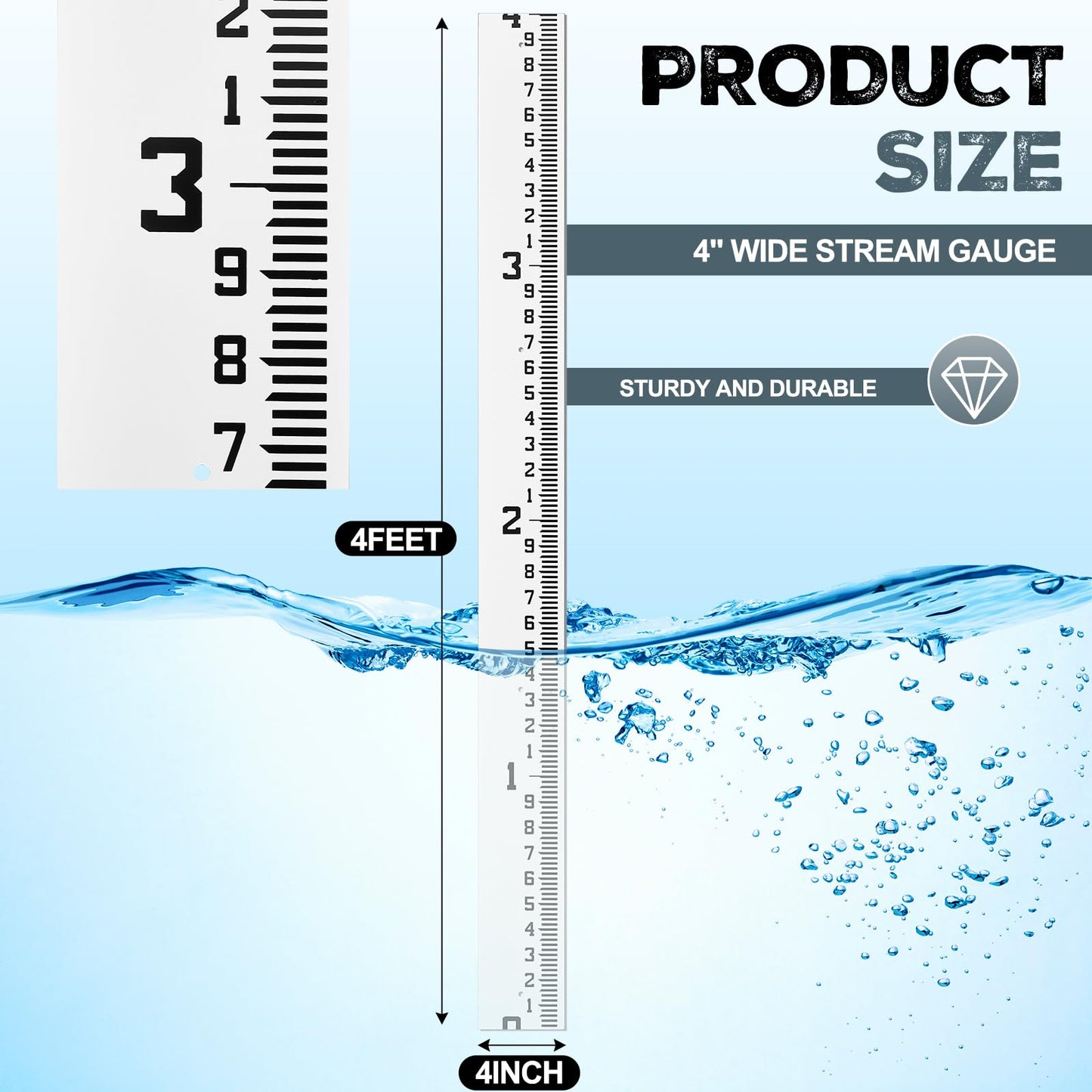 Tellegloww 4" Wide Staff Stream Gauge (100ths/10ths/feet) Fiberglass Water Snow Depth Gauge Ruler Style All Weather Water Level Indicator Tool Rust-resistant(0-4 Feet)