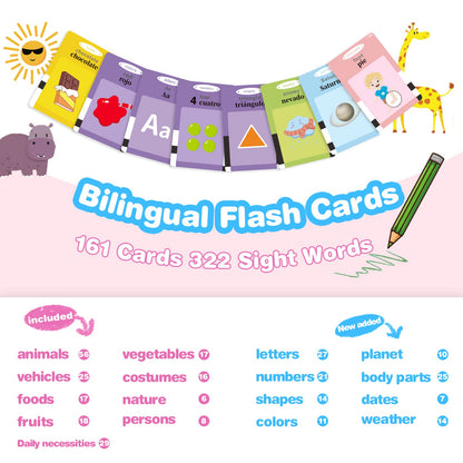 TimingSXD 161 Cards Spanish Flash Cards for Kids,Bilingual Flash Cards for Toddler/Beginning - ABC,Numbers,Colors,Shapes Español/English Talking Flash Cards for Preschool,Kindergarten,Ages 1-8