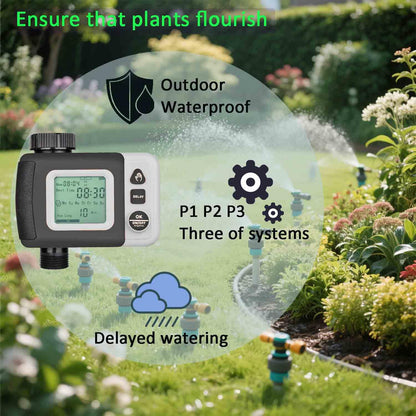 Drip Irrigation Kit Automatic Watering System with Water Timer 64FT 1/4 Tubing and 12 Rain Spray Watering Nozzles in 4 Directions for Potted Plants Yard Lawn Juvenile Plants Greenhouse Mist