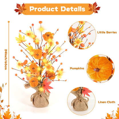 jabeick Fall Decorations for Home, 1 Pack 24 Inch Artificial Fall Pumpkin Berry Maple Leaf Tree with Lights for Tabletop Thanksgiving Autumn Harvest Indoor Decor