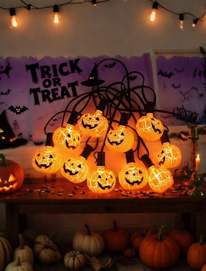 Unleash a Haunting Glow: 10.5ft Plug-in Halloween Pumpkin String Lights, Connectable (Up to 72 Strands), Waterproof Jack o Lantern Lights for Outdoor/Indoor, Heavy-Duty Orange Holiday Lights for Porch