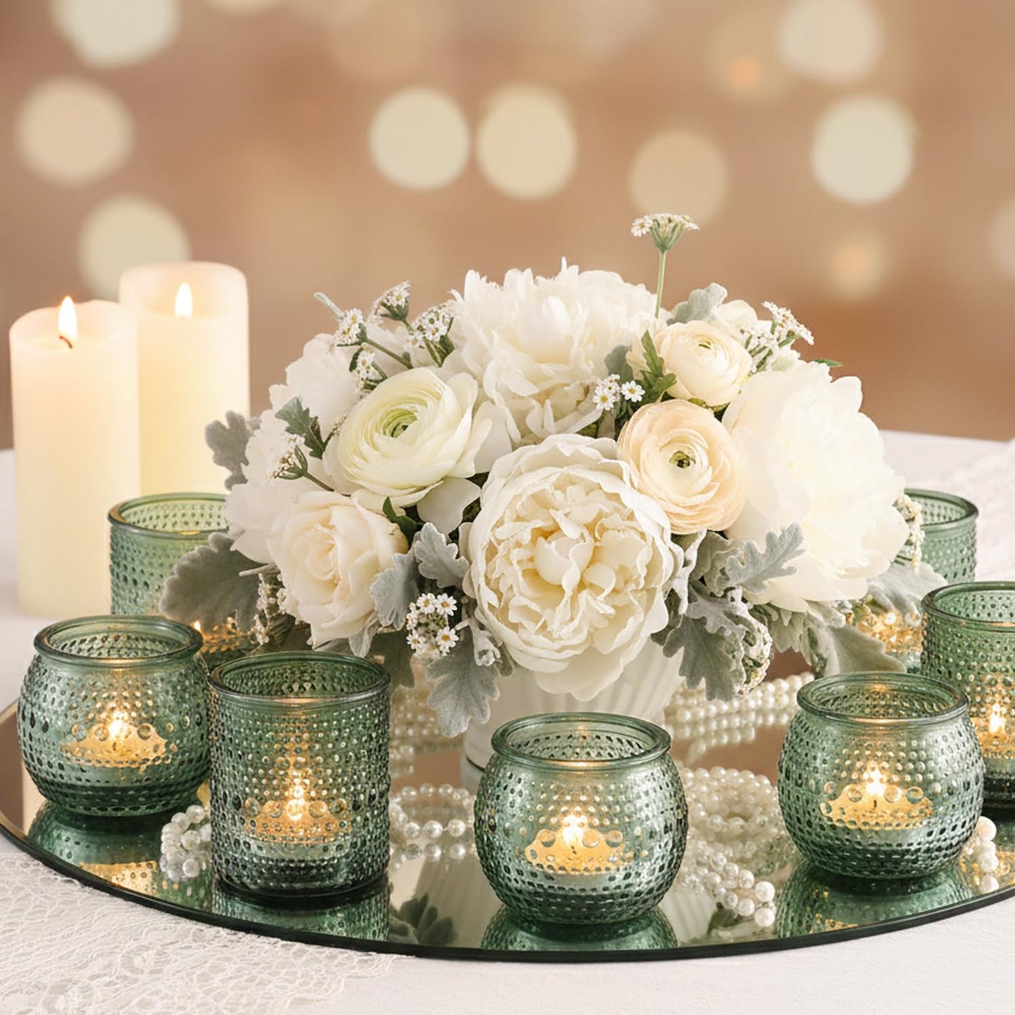 16 Pcs Green Candle Holder for Wedding Table Decor-Green Votive Candle Holders for Rustic Wedding Centerpieces, Bridal Shower Decor, Tea Party Decorations