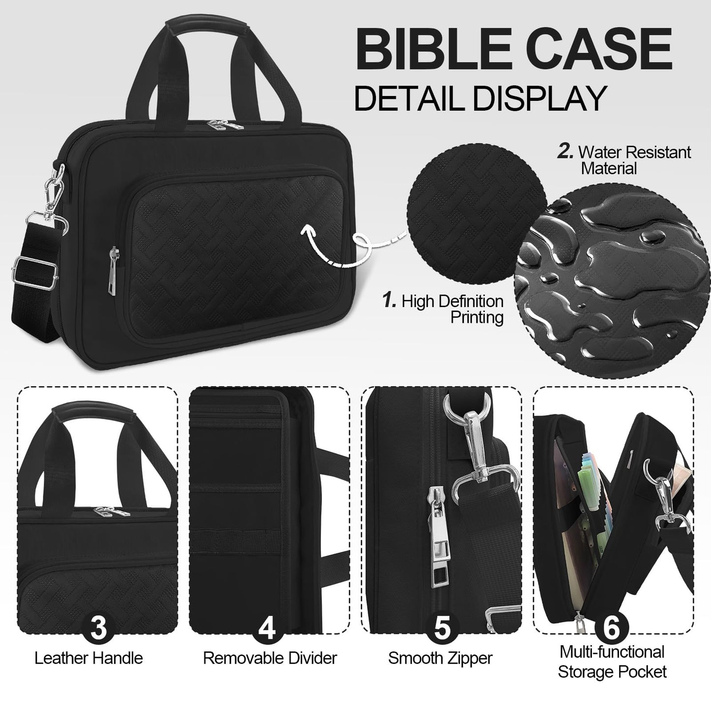 LAOTANGJIA Large Bible Cover Case for Mens Boys Women Organizer, Church Bag Book Carrying Case with Highlighters Shoulder Strap Pens Cross Clip Study Supplies Journaling Kit, Christian Gifts Black