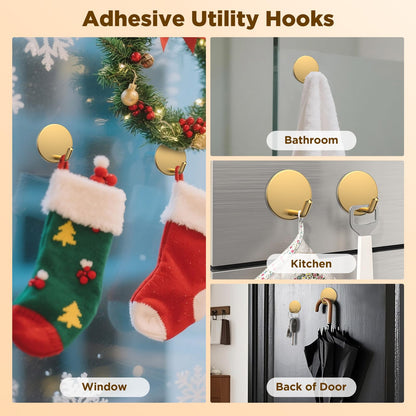 OUTXE Adhesive Wreath Hanger, Heavy Duty Reef Hook | for Front Door Glass Window | for Christmas/Thanksgiving/Halloween/July 4th/Easter/Valentine/Fall/Summer/Spring (Gold, 2-Pack)