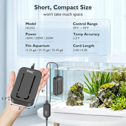 hygger 15-25 Gallon Short Fish Tank Heater, 150W 200W 250W Adjustable Submersible Aquarium Heater with Digital Display Controller, Run Dry & Overheating Protection