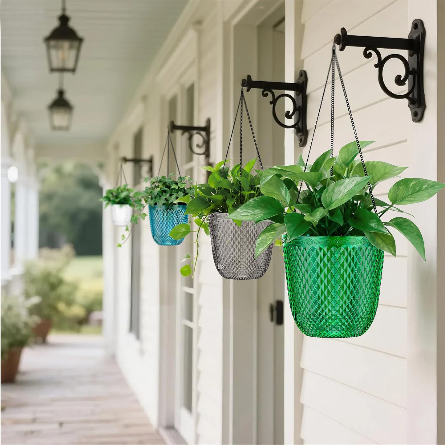 QCQHDU Hanging Planters for Indoor Plants, 2-Pack 7.2 Inch Self Watering Hanging Pots, Plastic Plant Hanger with Drainage Holes and 3 Hooks Chains for Garden Home (Emerald)