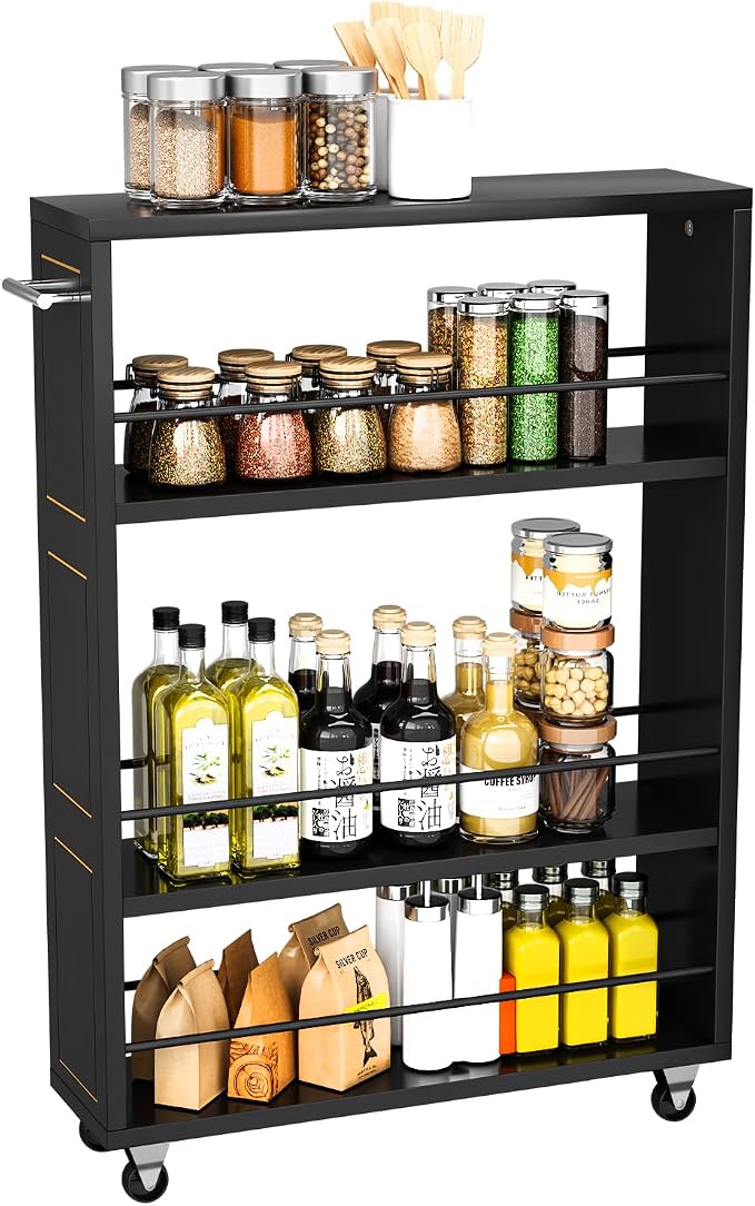 KLM 4 Tier Black Slim Storage Cart with Handle, Slide Out Storage Rolling Utility Cart for Kitchen, Laundry, Narrow Places-6.7" W