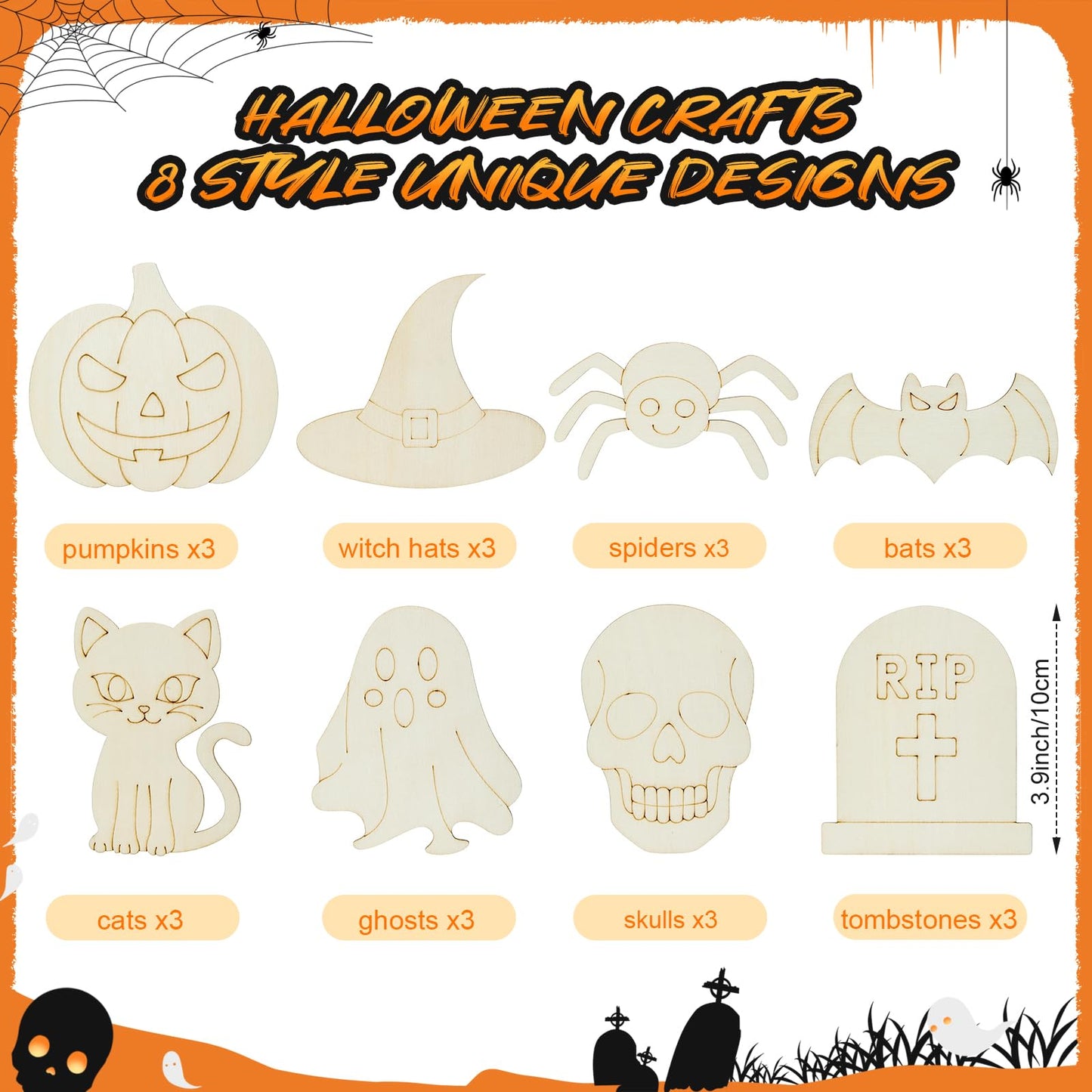 Bafeil 24-Set Halloween Painting Crafts 4", Wooden Cutouts Arts and Crafts, DIY Wooden Fridge Magnets Halloween Party Supplies, Party Favors Gifts Family School Activities Games Goodie Bag Stuffers