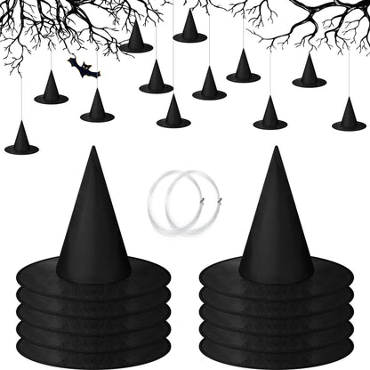SATINIOR 12 Pcs Halloween Witch Hat Hanging Decor Floating Witch Hat with Rope Accessory and Transparent Seamless Hooks (Classic)