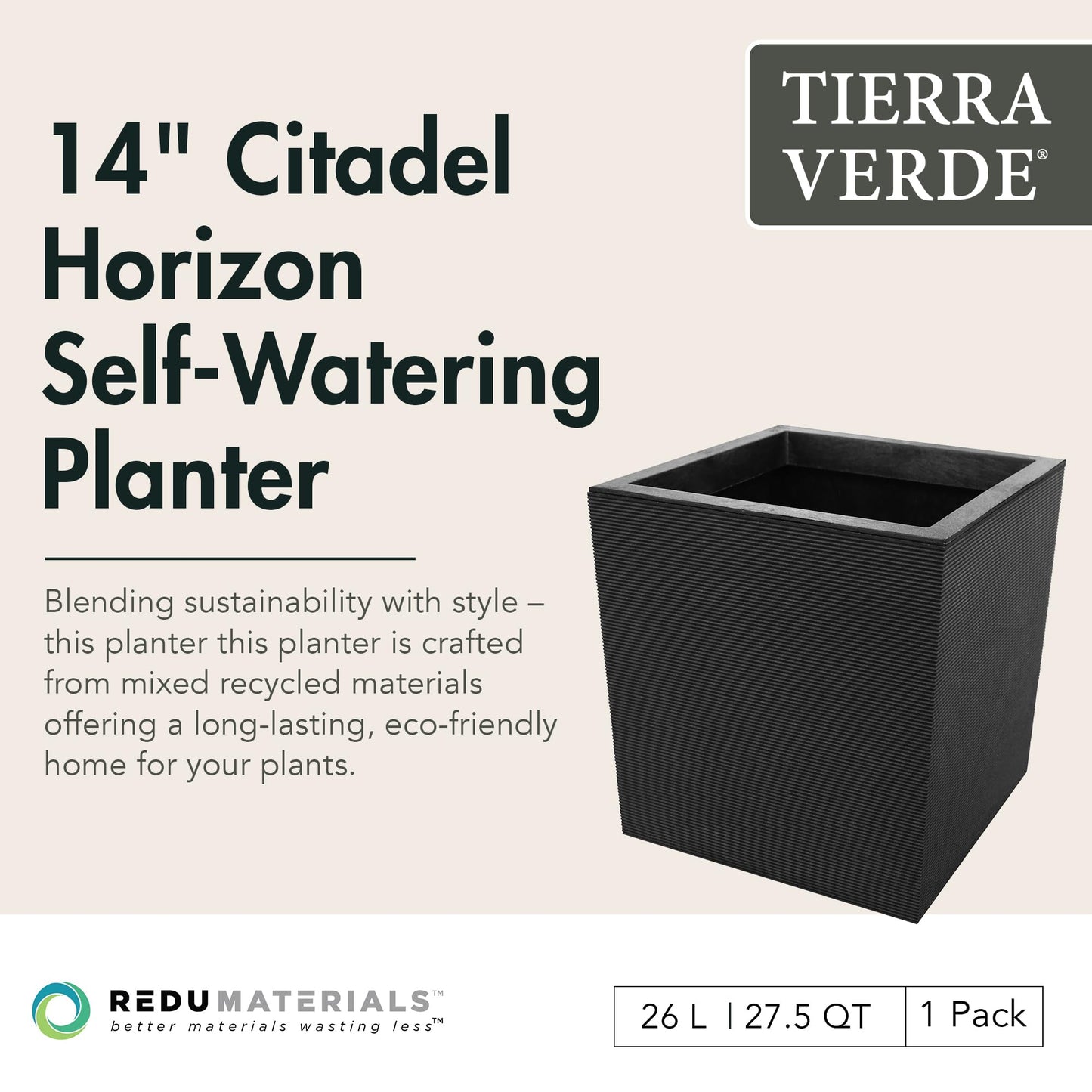 Tierra Verde Indoor & Outdoor Self-Watering Square Planter, Citadel Horizon, 13.5" x 14", Black - Planting Containers for Plants and Flowers - Gardening and Landscaping Accessories