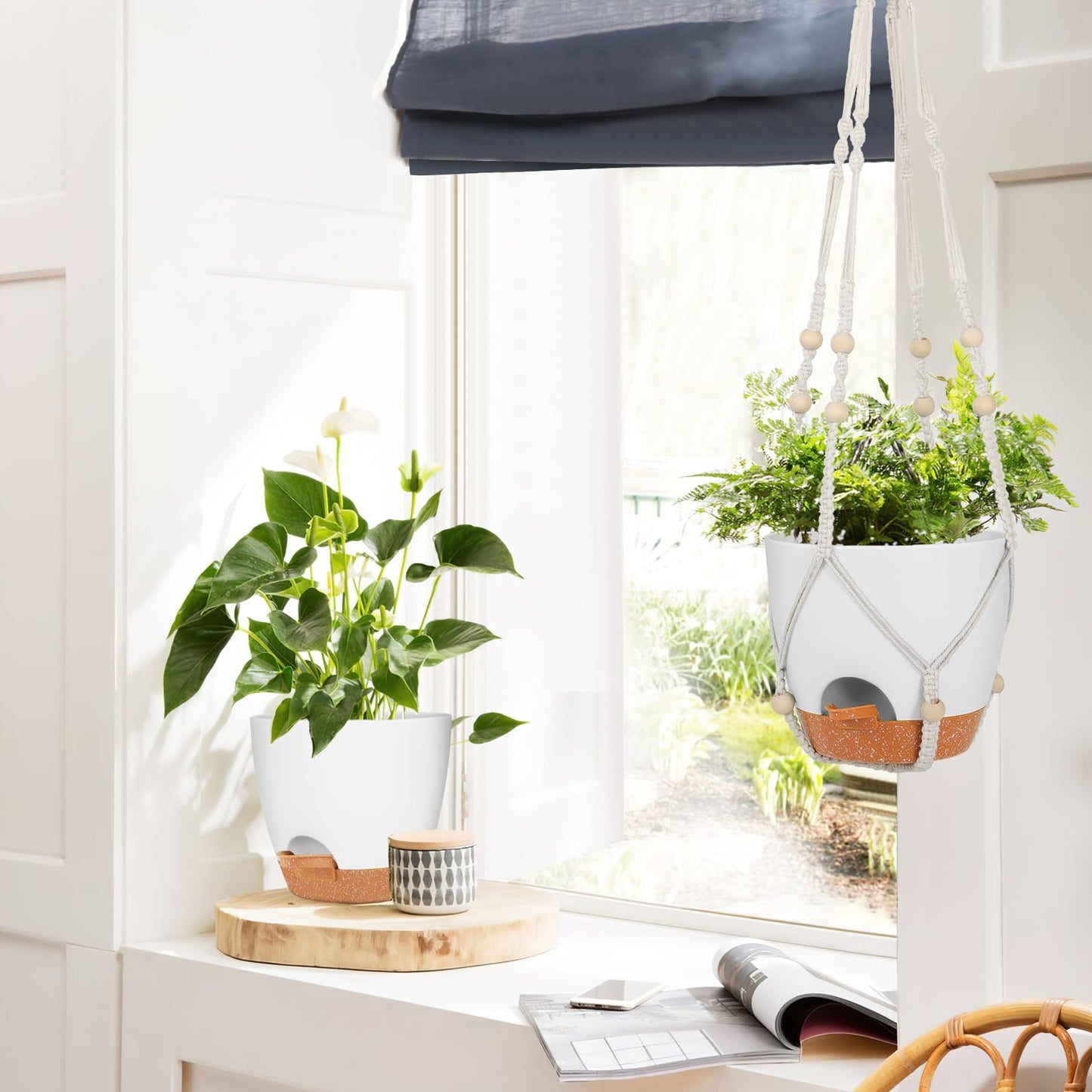 GARDIFE 8 Inch Hanging Planters with Macrame Plant Hanger for Indoor and Outdoor Plants, 2 Pack Large Self Watering Hanging Plant Pot with Basket Flower Pot with Drainage Hole, White