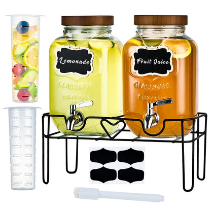 ShoreHao 2 Pack1Gallon Glass Drink Dispenser with Stand&Bamboo Lids&Fruit Infuser,304 Stainless Steel Leak-Proof Spigot,Beverage Dispenser for Parties,Water Sangria Juice Sun Tea Lemonade(Brown)