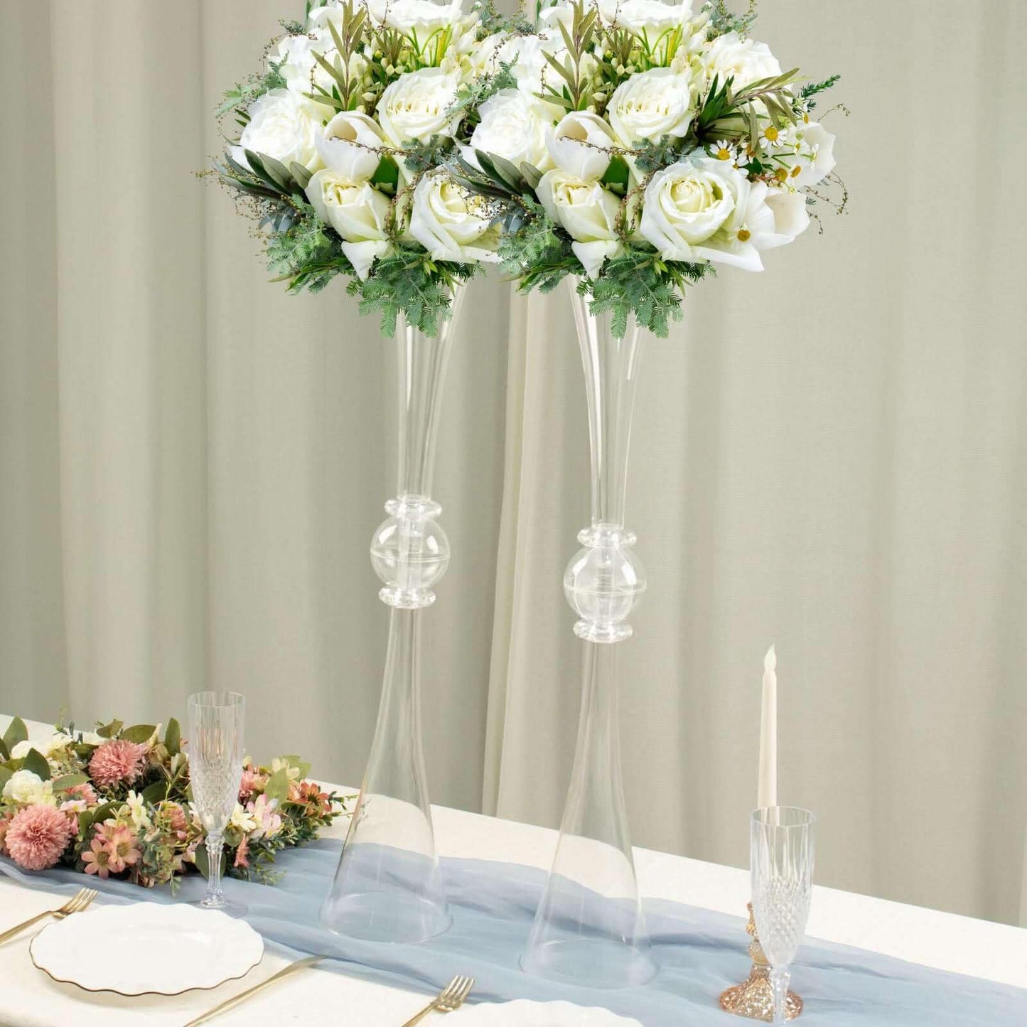 Efavormart 2 Pack | 31" Clear Crystal Embellishment Trumpet Table Centerpiece, Reversible Plastic Flower Vase