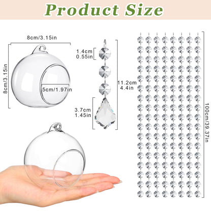 GlikCeil 56 Pcs 3.15'' Hanging Glass Tealight Holder with Clear K9 Crystal Garland Strands and Maple Leaf Pendants Globe Plant Terrariums Glass Orbs for Wedding Party Valentine Decoration