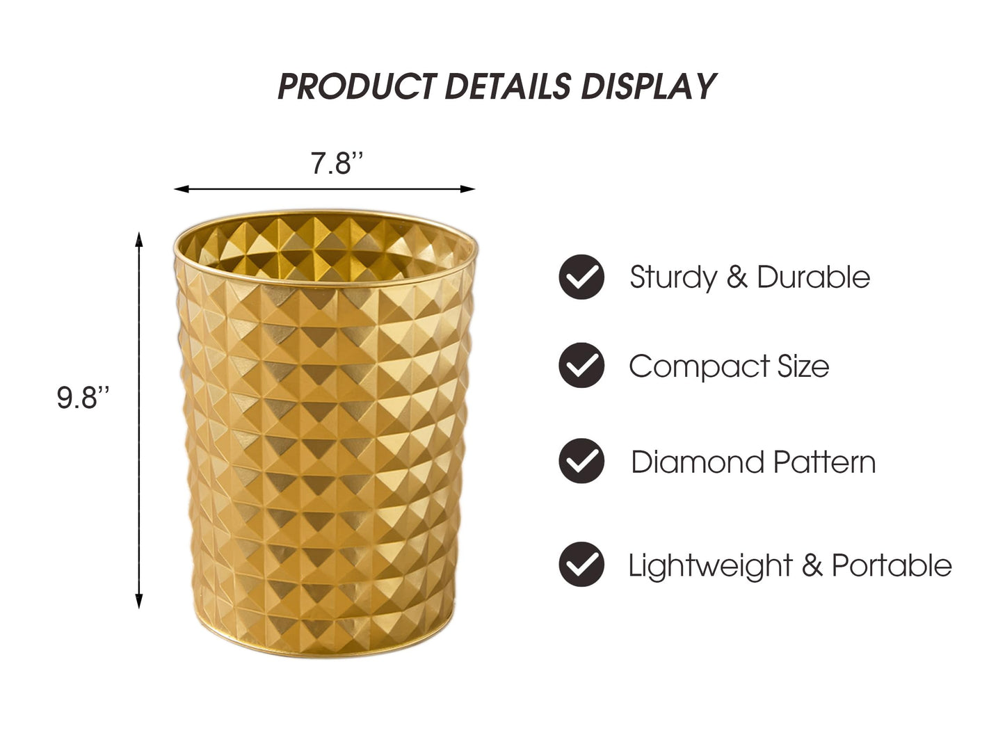 Venalys Small Round Metal Trash Can Wastebasket, Decorative Diamond Pattern Garbage Can Waste Paper Bin, Modern Farmhouse Round Trash Bin for Bathroom, Bedroom, Kitchen and Office (Gold)