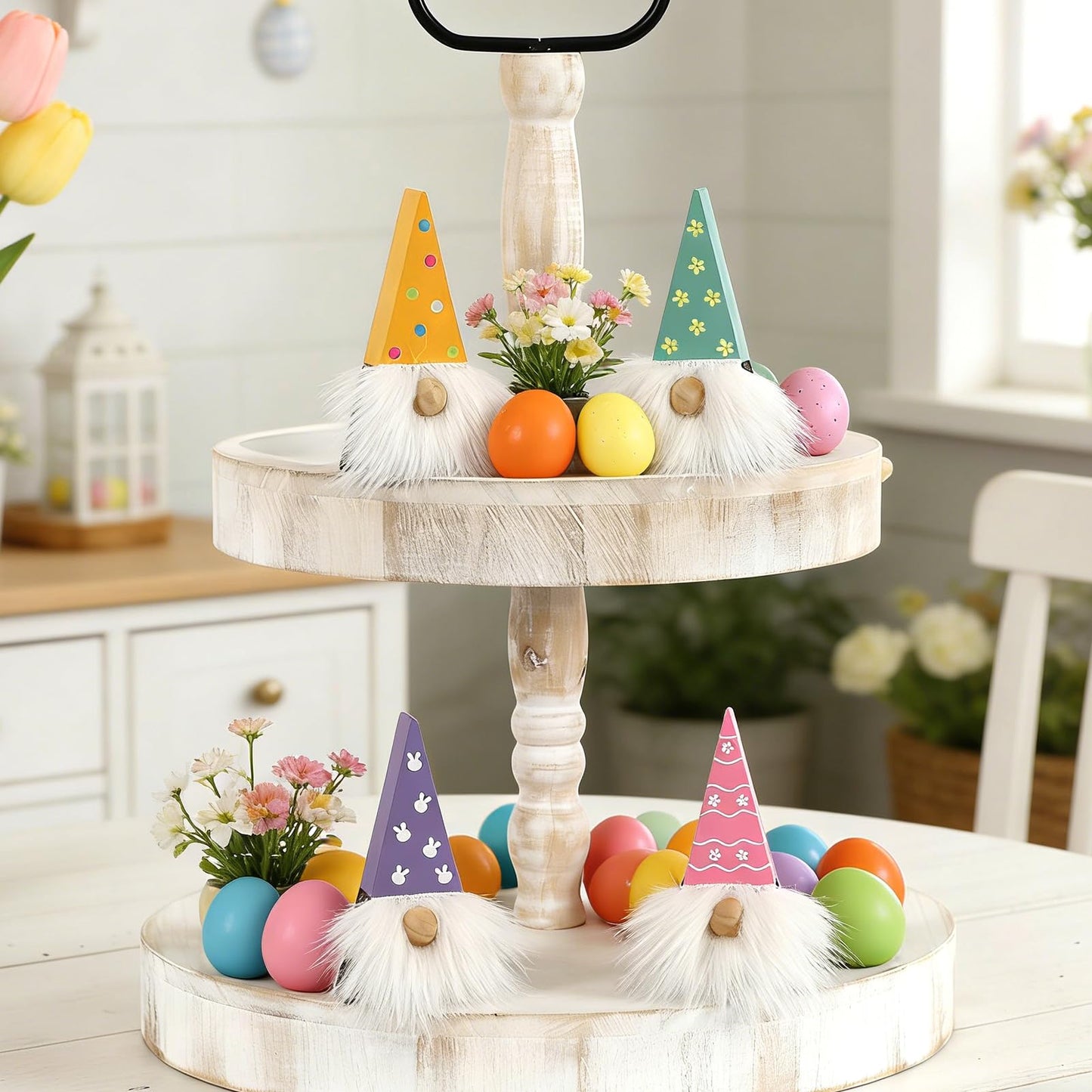 DAZONGE Easter Decorations, Easter Gnome Decor, 4PCS Wooden Spring Gnomes with Faux Fur Beards, Cute Gnome Figurines for Tiered Tray Mantel Shelf Table