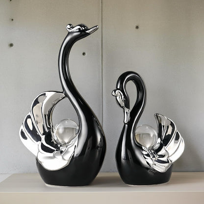 XINDAM A Pair of Swan Figurines Swans Statue with Crystal Ball Model Home Office Display Decorative Craft Living Room Decor (Black)