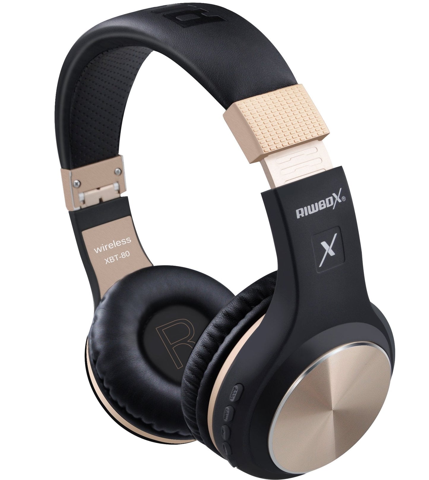 Riwbox Bluetooth Headphones, XBT-80 Folding Stereo Wireless Bluetooth Headphones Over Ear with Microphone and Volume Control, Wireless and Wired Headset for PC/Cell Phones/TV/Gym (Black Gold)