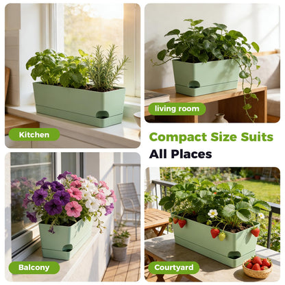 2 Pack Self Watering Pots for Indoor Plants 17 Inches Window Boxes Planters Rectangular Flower Pots Rectangle Herb Pots Large Plant Pots with Drainage Holes and Saucers Windowsill Planter, Green