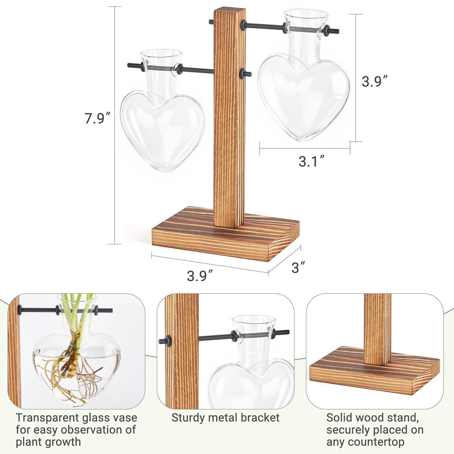 Mkono Heart Shaped Propagation Station with Wood Stand, Glass Hydroponic Planter Desktop Plant Terrarium for Home Office Decor, Gifts for Plant Lovers - 2 Love Bulb Pot Vase