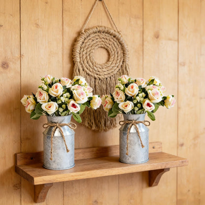 Farmhouse Artificial Rose Flowers with Metal Vase, Set of 6 Fake Rose Arrangements for Table, Faux Bouquets Wedding Centerpiece Decorations, Home Office Flower Decor (Silver Vase & Champaign Roses)