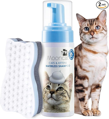 Mooncat Waterless Cat Shampoo + 2-in-1 Cat Bath Brush Set, No Rinse Dry Foam Bath for Short Hair Cats & Kittens, SGS-Tested Lick-Safe, Veterinarian Approved & pH-Balanced, Brush, 5 oz