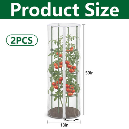 2 Pcs Garden Bird Netting Cover for Round Tomato Cage, 59" x 18" Tomato Trellis Insect Barrier Protection Mesh, Plant Cage Garden Net Cover with Zipper for Vertical Climbing Plants Vegetables Fruits