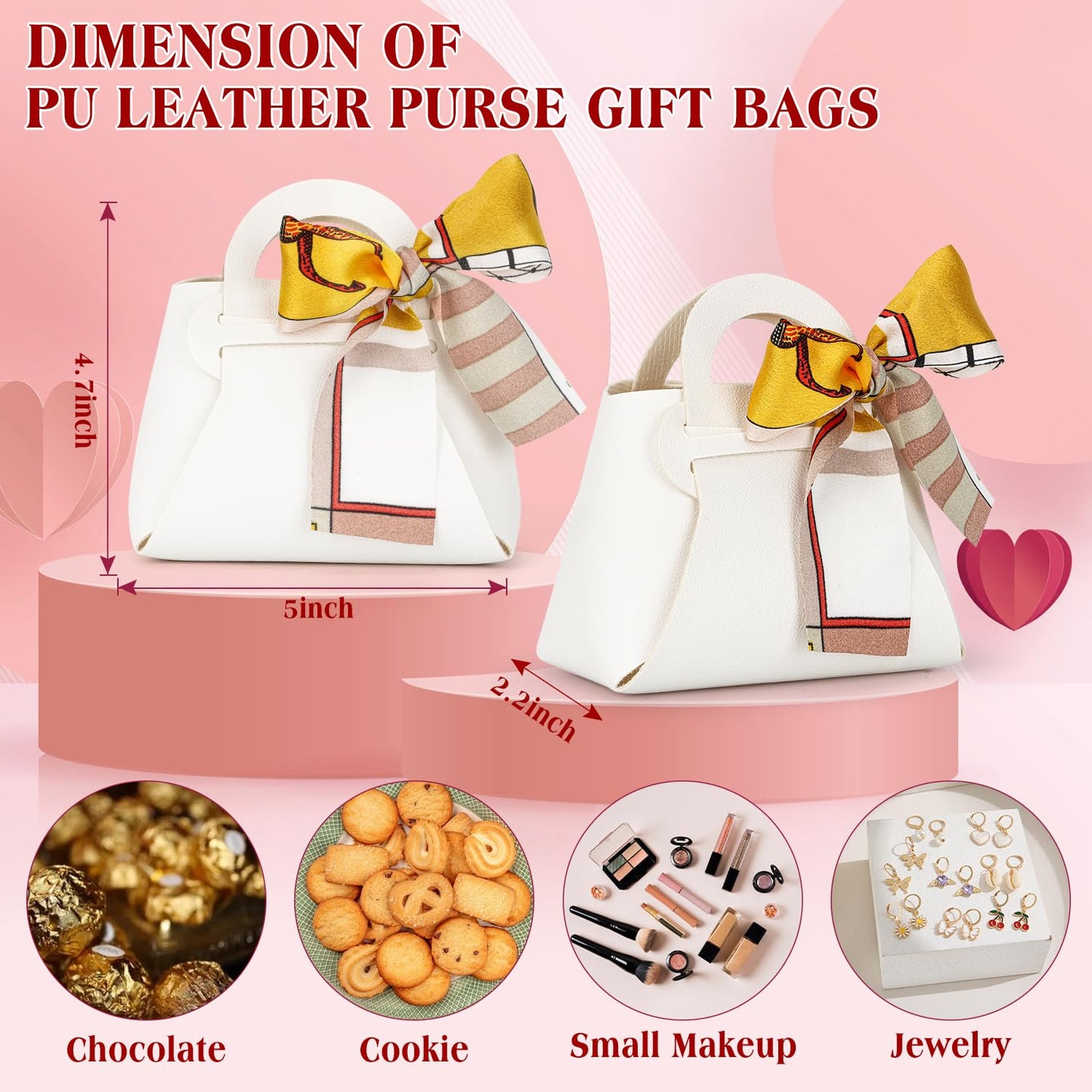 yadiana 12 Pack Pu Leather Purse Gift Bags with Handle, Cute Wedding Candy Purse Gift Boxes with Ribbon, Reusable Mini Party Favor Bags for Baby Shower Birthday Christmas Halloween Decoration (White)