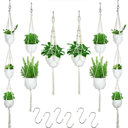 6 Pieces Macrame Plant Hangers with 6 Hooks, Different Tiers, Handmade Rope Hanging Planters Set Flower Pots Holder Stand Hanging Plant Holder for Indoor Outdoor Boho Home Decor (Creamy White)