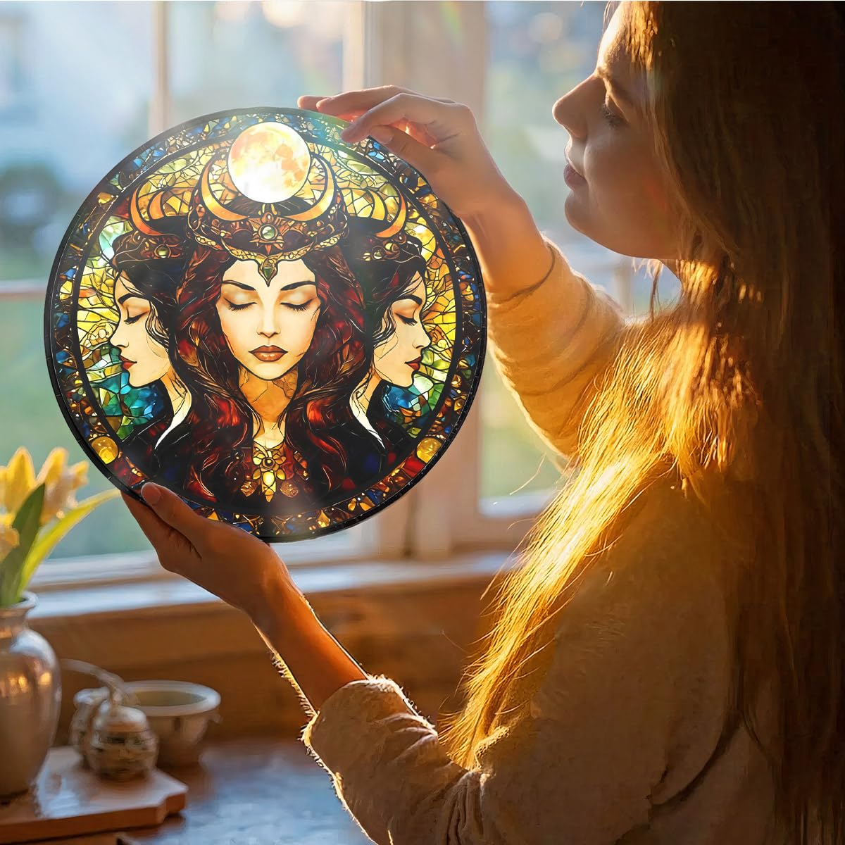 Greatingreat Stained Glass Window Hanging Hecate Triple Moon Goddess, Home Room Decor 7.8 Inch Sun Catchers Indoor Window, Whimsical Decor Pagan Wiccan for Women,Dark Feminine Energy