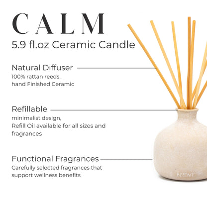 Blueme Calm Diffuser | Osmanthus & Sandalwood | 5.92 Fl Oz - Refillable Wellness Diffuser, Contains Essential Oil, Sustainable, Hand Finished, Premium, Luxury Ceramic, Natural Rattan Reeds, | Small