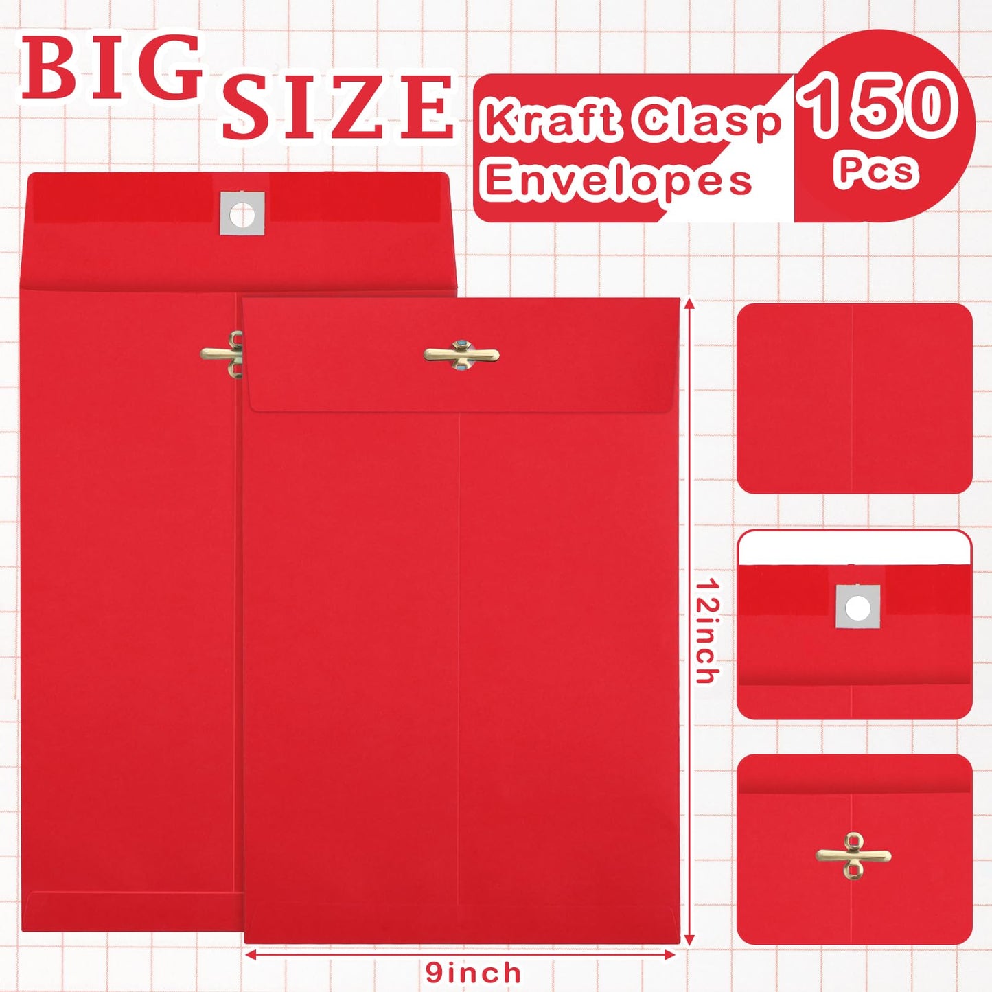 Mooliwe 150 Pcs Manilla Envelopes with Clasp 9 x 12 Red Kraft Catalog Envelopes Bulk Letter Size 28lb Heavy Duty for Home Office Business