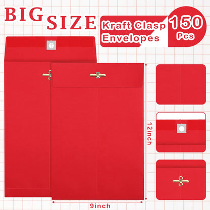 Mooliwe 150 Pcs Manilla Envelopes with Clasp 9 x 12 Red Kraft Catalog Envelopes Bulk Letter Size 28lb Heavy Duty for Home Office Business