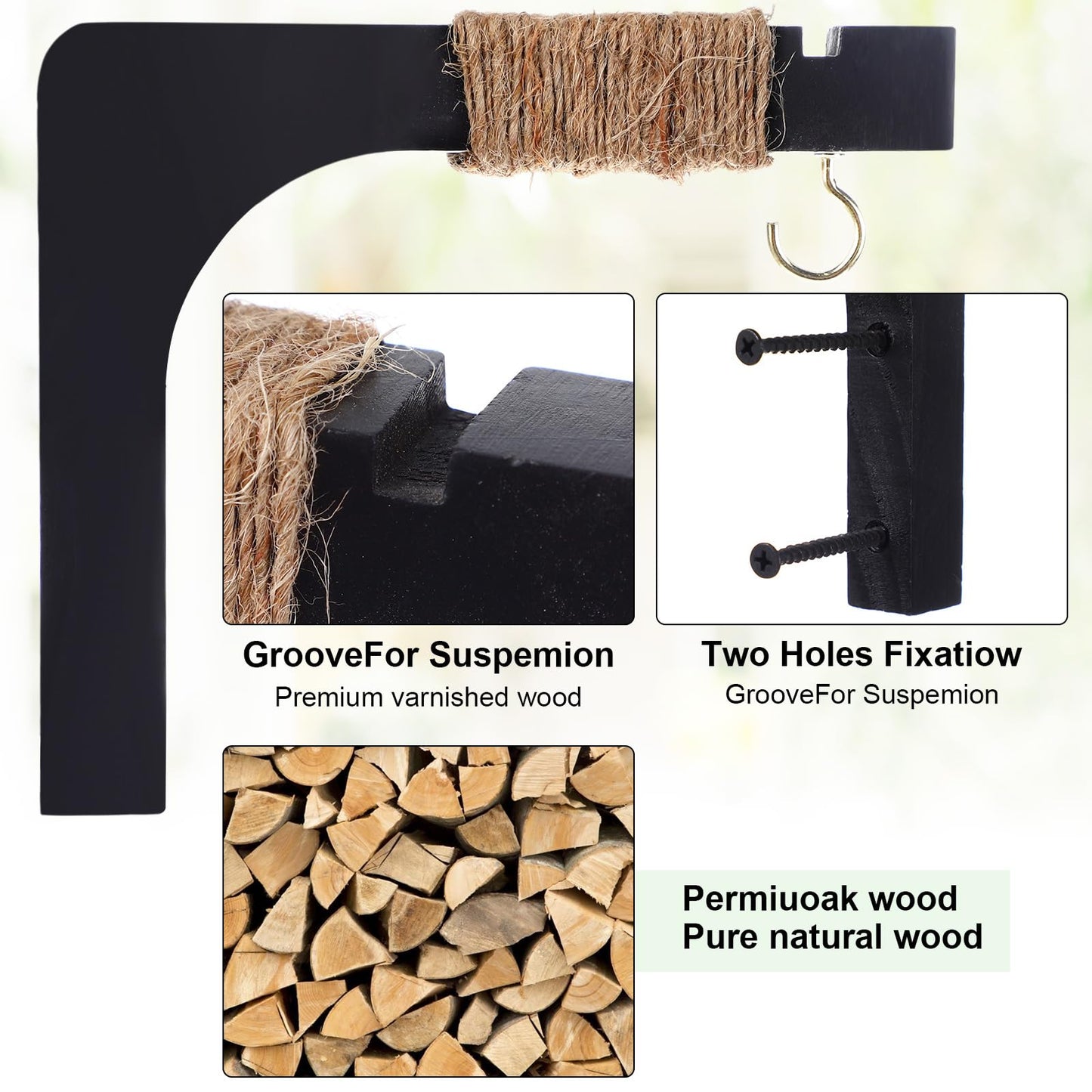 Geelin 4 Pack Black Wooden Plant Hanger for Wall Mounted Plant Hooks Outdoor Indoor Hanging 6 Inch Farmhouse Hanging Basket Hooks for Garden Home Wall Decoration, L x H x T: 6 x 5 x 0.8inch