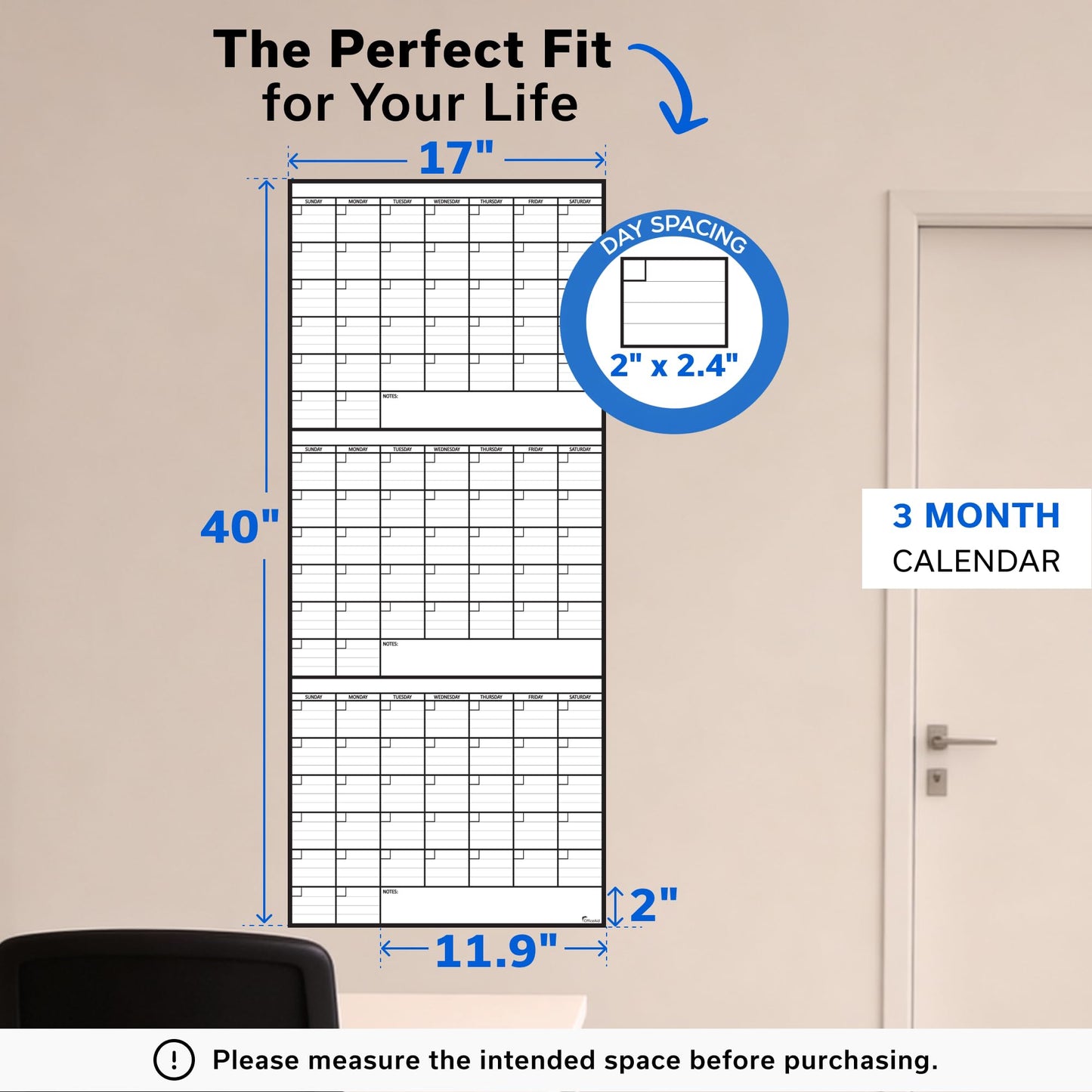 3 Month Dry Erase Calendar for Wall 40x17, Monthly Office Planner Undated Large Big Reusable, Erasable Dry Three Classroom Giant Erase, Rolled Whiteboard White Board, Calendar for Wall Family