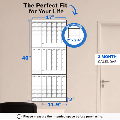3 Month Dry Erase Calendar for Wall 40x17, Monthly Office Planner Undated Large Big Reusable, Erasable Dry Three Classroom Giant Erase, Rolled Whiteboard White Board, Calendar for Wall Family