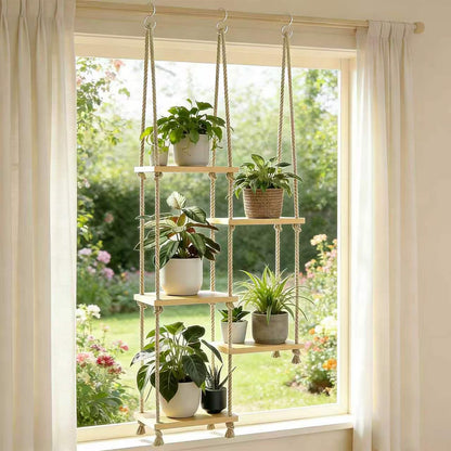 YJREW Window Plant Shelves for Indoor Plants Plant Shelf Indoor Wall Mounted Hanging Plant Stand with Wooden Shelves for Windowsill Boho Indoor Plant Shelf for Window Sill