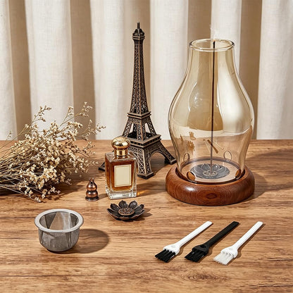 FINGERINSPIRE 1 Set Wood Glass Lotus Candle Holder 2Pcs Lotus Incense Holders 1Pc Gourd Incense Burner Meditation with 3Pcs Ash Brush Votive Stand with 1Pc Hurricane Candle Holder Brown Zen Style