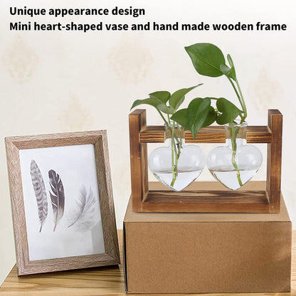 Flower Vase, Glass Desktop Planter Plant Terrarium Kit Desktop Propagation Station Glass Flower Vase with Wooden Holder for Wedding Decoration (Retro Frame + 3 Heart Bottle)