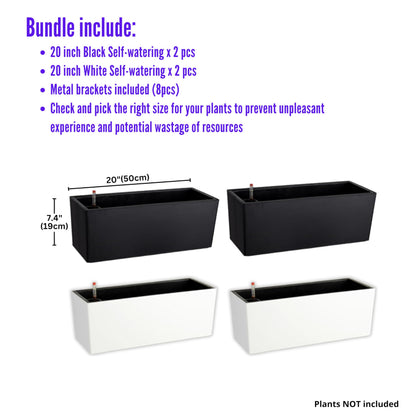 LaLaGreen Bundle - 4 Pack, 20 Inch Black and White Self Watering Hanging Planter Boxes Flower Pot, Rectangular Wall Mount, Indoor Vertical Garden Modern Window Sill Herb Trendy Outdoor Home Decor