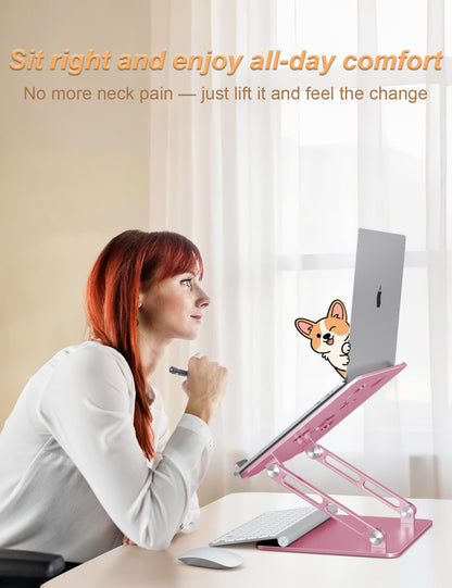Aoviho Laptop Stand For Desk-Adjustable, Foldable, Portable, Ergonomic Aluminum Notebook Riser with Unique Puppy Cooling Vent, Desk Gift for 10"-17.3" Devices Mac, Dell, HP, Lenovo, Samsung, Rose Gold