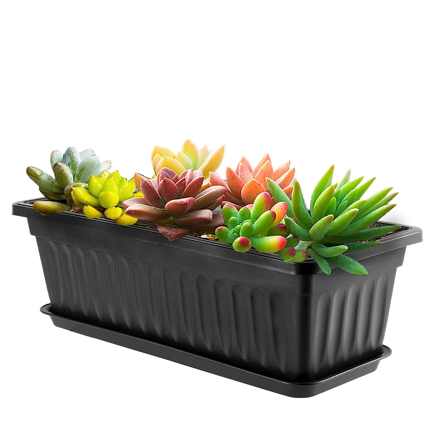 HAKZEON 6 Pack 17 Inches Plastic Flower Box Planters with Trays, Countryside Flower Window Boxes with 30 Plant Labels, Black Rectangular Vegetable Planters for Windowsill, Porch, Balcony, Garden