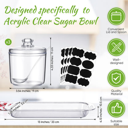 LemonRoad Set of 3 Clear Acrylic Sugar Bowl with Lid and Spoon for Coffee Bar Accessories, 7oz Tea Sugar Coffee Containers Salt Canister Spice Jars, Kitchen Seasoning Box Condiment Pots with Labels