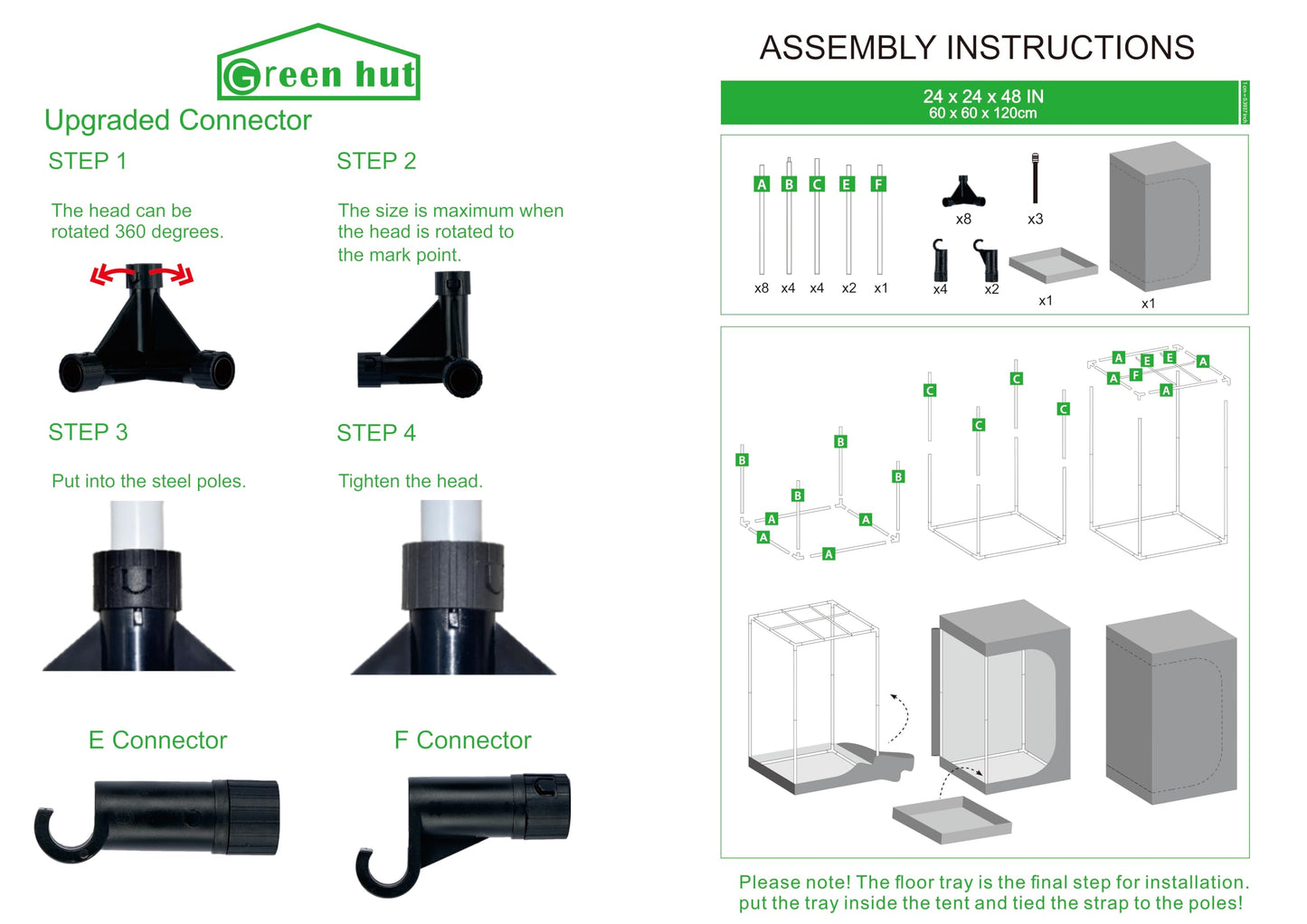 Green Hut Grow Tent 24"x24"x48" 600D Mylar Hydroponic Indoor Grow Tents with Observation Window, Removable Floor Tray and Tool Bag for Indoor Plant Growing 2x2