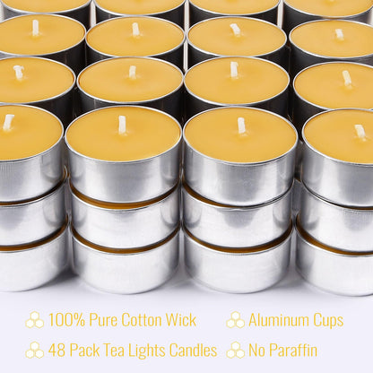 48 Pack Beeswax Tealight Candles Bulk,Pure Natural Bees Wax in Aluminum Shell - 4 Hour Extended Burn Time,Smokeless Tea Light Candles for Home Deco,Table centerpieces