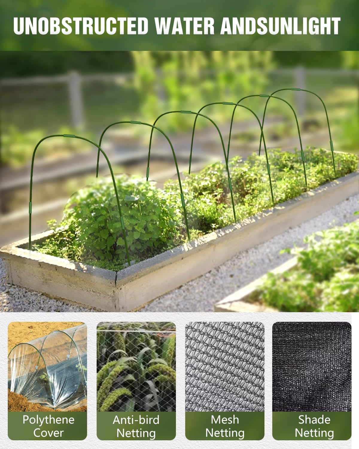 joyhalo Garden Netting for Raised Beds, 6 Sets Garden Hoops with for Raised Beds 10x30 Ft Garden Net, Bird & Cicada Net for Trees, Garden Mesh Netting for Greenhouse, Vegetable, 18 Clips Included