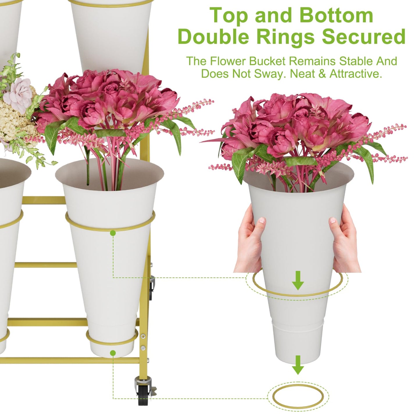 NEYCIL Flower Stand, 3 Tier Flower Display Stand with 12 Buckets, Upgrade Double Circle No Shaking, Outdoor Flower Cart with Wheels for Patio, Garden, Shop, Wedding, Party, Exhibition, Indoor, Gold